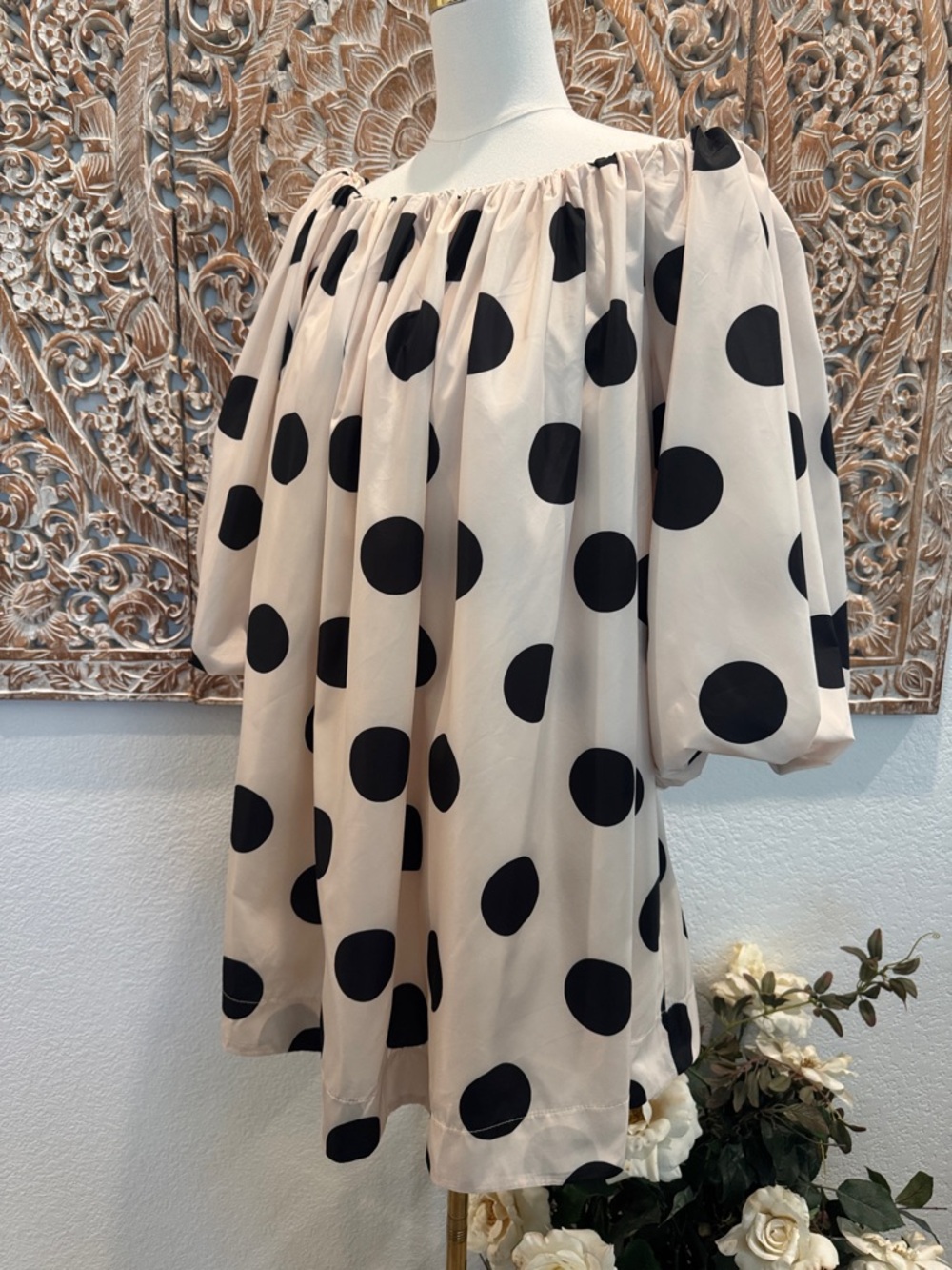 Fore Cream & Black Polka Dot Balloon Sleeves Mini Dress - Picture 5 of 13